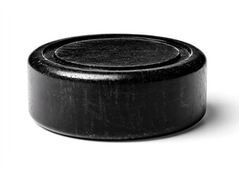 A polished, black, cylindrical object with a raised circular platform on top, casting a soft shadow on a white surface