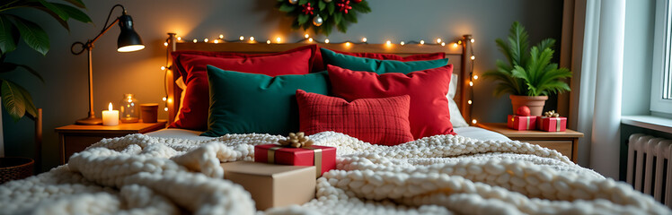 plush dimly lit bedroom scene features vibrant christmas setup mix emerald crimson throw pillows rustic wreath