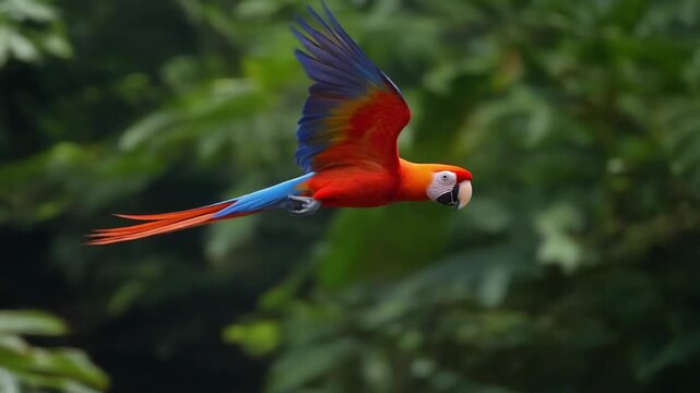 Red orange parrot soars gracefully above lush vibrant forest captured with dynamic clarity showcasing striking wings and colorful motion