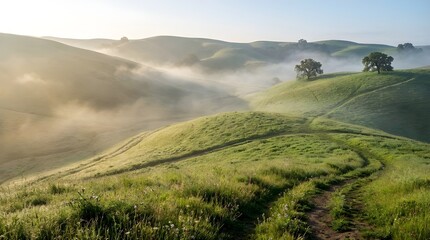 Winding dirt trail through rolling green hills with morning fog