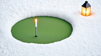 A snow-covered landscape featuring a golf putting green and a lantern, blending winter scenery with a touch of sports.