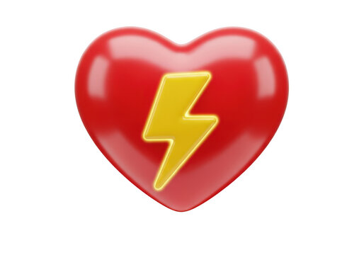 3d icon of red heart with lightning bolt isolated on transparent background, symbolizing energy, vitality, and cardiac health, ideal for medical and healthcare presentations