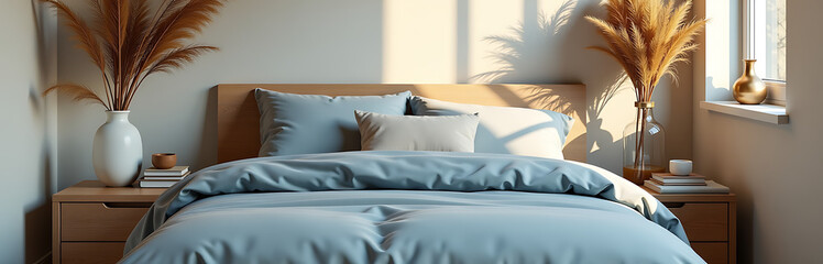 plush bed soft muted blue bedding sleek headboard sits beneath warm golden light surrounded artfully scattered books