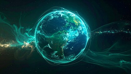Abstract planetary energy field, Earth-like sphere made of light lines and particles, balanced energy streams orbiting, teal and emerald color palette, sustainable future vision, high clarity