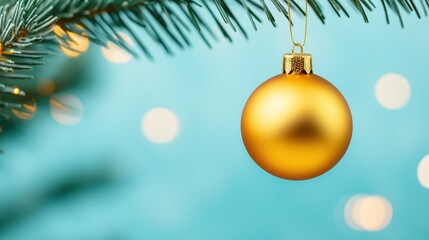 A close-up of a golden Christmas ornament hanging from a pine branch, against a soft blue background with blurred lights.