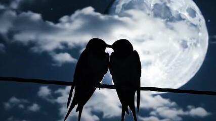 Two silhouetted birds perched on a wire nuzzling beaks in front of a large cloudy full moon at night - Powered by Adobe