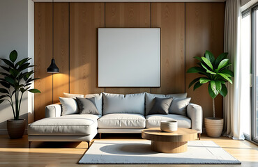 modern living room features sleek gray sofa walls paired designer accents lush greenery elegant decorative