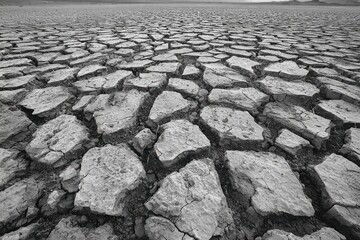 The ground is cracked and dry with large sections of parched earth visible under a cloudy sky