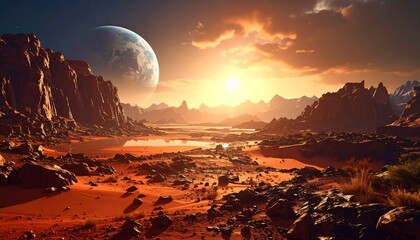 Desert landscape with distant planet, orange glow, and rocky terrain under a bright, cloudy sky