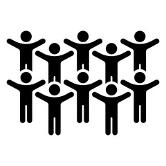 Group of 10 people. Simple black vector icon. Happy men with arms raised illustration