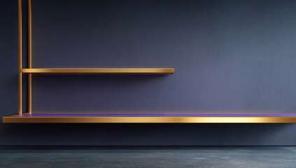 Stylish, modern empty gold shelves against a moody deep blue wall