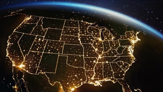 A digital showing the USA with highlighted states and a view of Earth from space in the background.