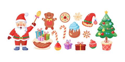 Christmas Big Set Icons: Cute Characters, Santa, Toys, Christmas Tree, Sweets, and Gifts. Adorable Palette of Confections. Vector Illustration. vector icon
