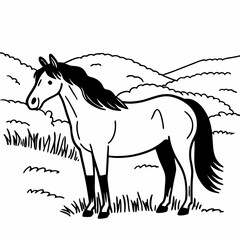 A horse stands in a grassy field with rolling hills in the background