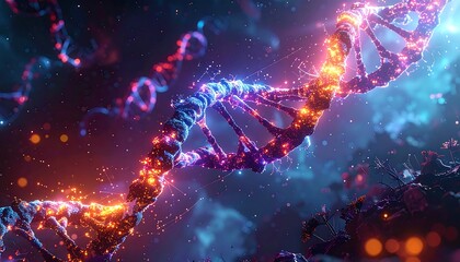 Detailed, glowing DNA strand with a blue and orange hue, set against a cloud-like background with floating particles