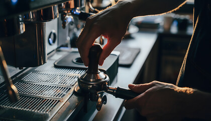 A barista's hands carefully tamping coffee grounds into a portafilter