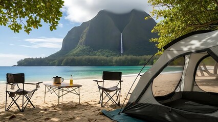 Adventure campsite under tropical trees, foldable table with cold drink, foldable chairs, tent facing white sand beach, clear waves