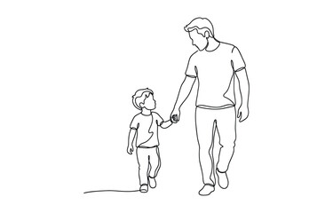 Dad and son walking together continuous one line drawing. Father's Day line art banner isolated on transparent background