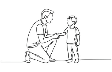 Dad and son walking together continuous one line drawing. Father's Day line art banner isolated on transparent background