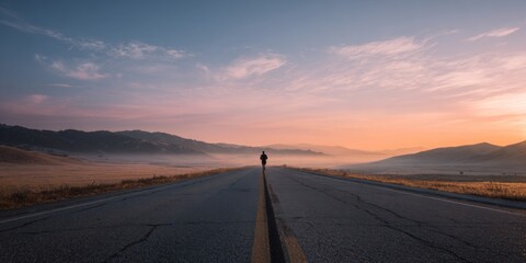 Runner on open road at sunrise in scenic landscape