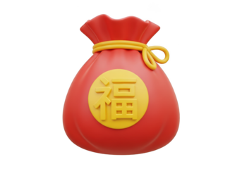 3d icon of red lucky bag with chinese character isolated on transparent background, a traditional symbol of prosperity and good fortune for lunar new year celebrations