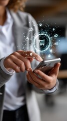 Smartphone user connected to digital network of cloud, email, shopping cart, security, and location icons