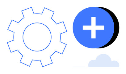 Technology integration. Gear and plus sign collaboration, innovation, and technology integration. Technology development for data systems, cloud networks, and programming solutions. For IT