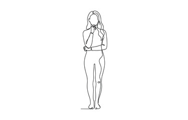 Continuous one line drawing of woman confused thinking isolated on transparent background