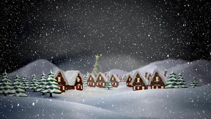 Snowy village at night with glowing cabins, pine trees, falling snow, distant mountains under stars - Powered by Adobe