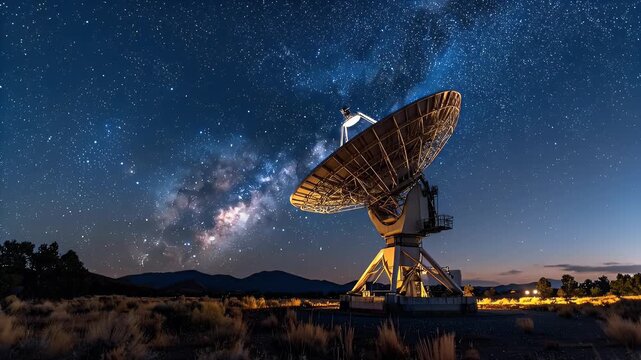 Large Satellite Dish Against Starry Night Sky in Desert Landscape at Night Under Blue Sky and Stars at Night With Distant Lights