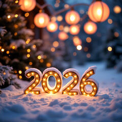 photorealistic image, landscape, cinematic. Festive illuminated street at night, celebrating, confetti falling, warm lights creating vibrant New Year&rsquo;s Eve atmosphere. Text &ldquo;2026&rdquo;.  
