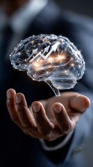 Business executive showcases futuristic AI-driven vision board for strategic planning and team collaboration in a professional office environment