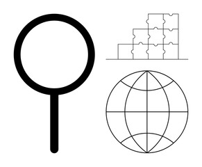 Global connectivity. Globe illustration for worldwide connection. Magnifying glass icon offers search concepts while puzzle blocks suggest problem solving. Ideal for research, strategy, tech