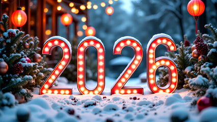 photorealistic image, landscape, cinematic. Festive illuminated street at night, celebrating, confetti falling, warm lights creating vibrant New Year&rsquo;s Eve atmosphere. Text &ldquo;2026&rdquo;.  