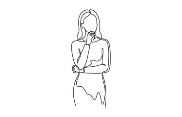 Continuous one line drawing of woman confused thinking isolated on transparent background