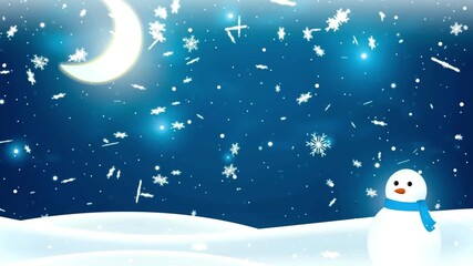 Snowy night with crescent moon, starry sky, gently falling snow, and a snowman wearing a blue scarf - Powered by Adobe