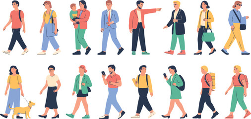 Diverse People Vector Set — Walking Figures in Casual Attire for Urban Design, Architecture, and UI Icons — vector illustraction