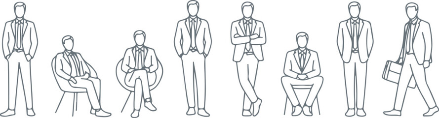 Executive Men Line Art — Vector Set of Standing and Sitting Business Figures in Suits — For Architectural Plans, UI Design, and Corporate Branding — Editable Template