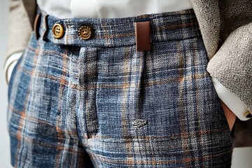 Closeup View of Fashionable Plaid Trousers with Leather Detail and Suit Jacket