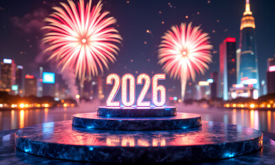 photorealistic image, landscape, cinematic. Festive illuminated street at night, celebrating, confetti falling, warm lights creating vibrant New Year&rsquo;s Eve atmosphere. Text &ldquo;2026&rdquo;.  
