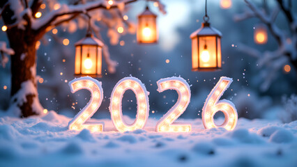 photorealistic image, landscape, cinematic. Festive illuminated street at night, celebrating, confetti falling, warm lights creating vibrant New Year&rsquo;s Eve atmosphere. Text &ldquo;2026&rdquo;.  