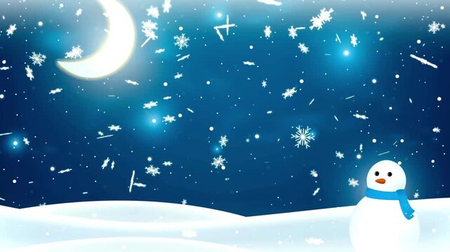 Snowy night with crescent moon, starry sky, gently falling snow, and a snowman wearing a blue scarf