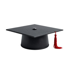 Black graduation mortarboard with red tassel isolated on black background