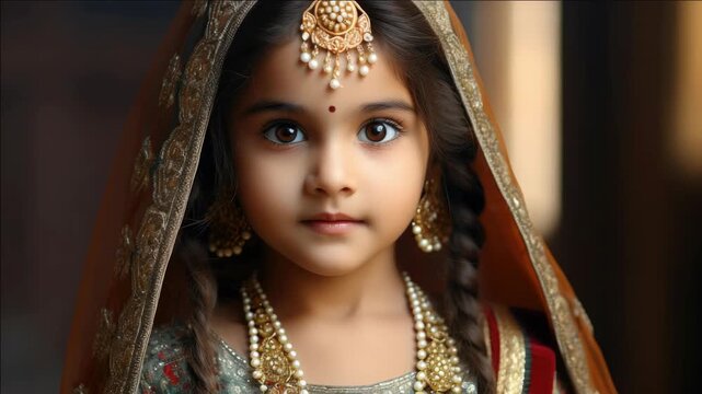A young girl wearing a gold and silver headpiece and a gold necklace. She is wearing a red and gold dress