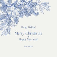 Christmas Vintage illustration with bells, fir branches, holly, bow. Blue beige.Vector background for design holiday decor, decoration new year, greeting card. Hand drawn, engraved elements