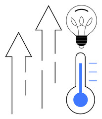 Business growth, innovation, energy efficiency, sustainability, performance improvement, strategy development. Arrows rising, light bulb and thermometer visuals. Innovation and business growth