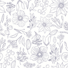 Floral background. Seamless vector pattern with hand-drawn flowers.