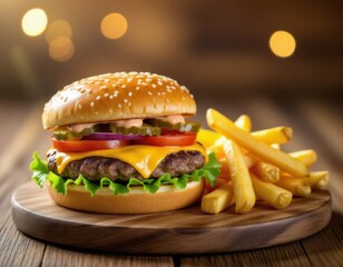 A delicious cheeseburger with lettuce, tomato, onion, and pickles served with golden French fries on a wooden platter. Warm, inviting atmosphere with soft lighting.