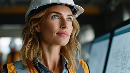 medium shot, a female architect reviewing blueprints on a large digital display at a construction site, thoughtful expression, hard hat, safety vest, professional, empowering