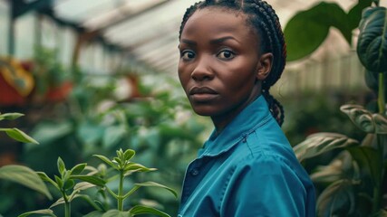 The woman is standing in a greenhouse surrounded by various plants and leafy greenery. She is wearing a blue jacket and has braided hair.
